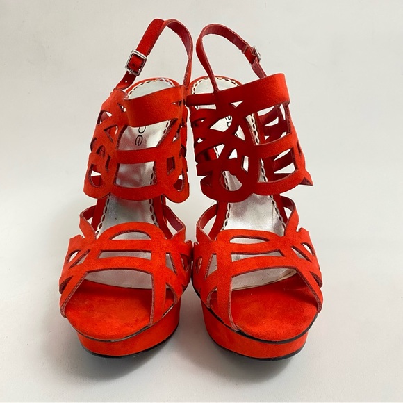 BEBE Red Platform Heeled Sandals Pumps 7 M Open Toe Ankle Strap Heels Stiletto - Picture 4 of 14